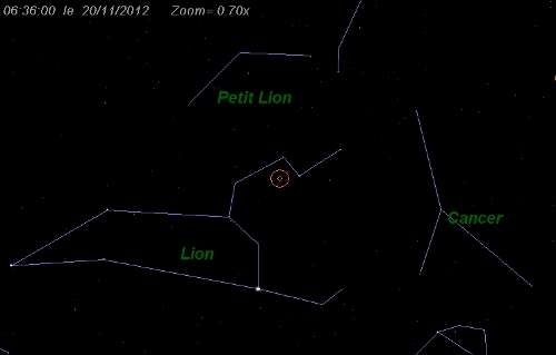 Position de la constellation du Lion sur l'horizon sud le 20 à 5 h 36 TU.