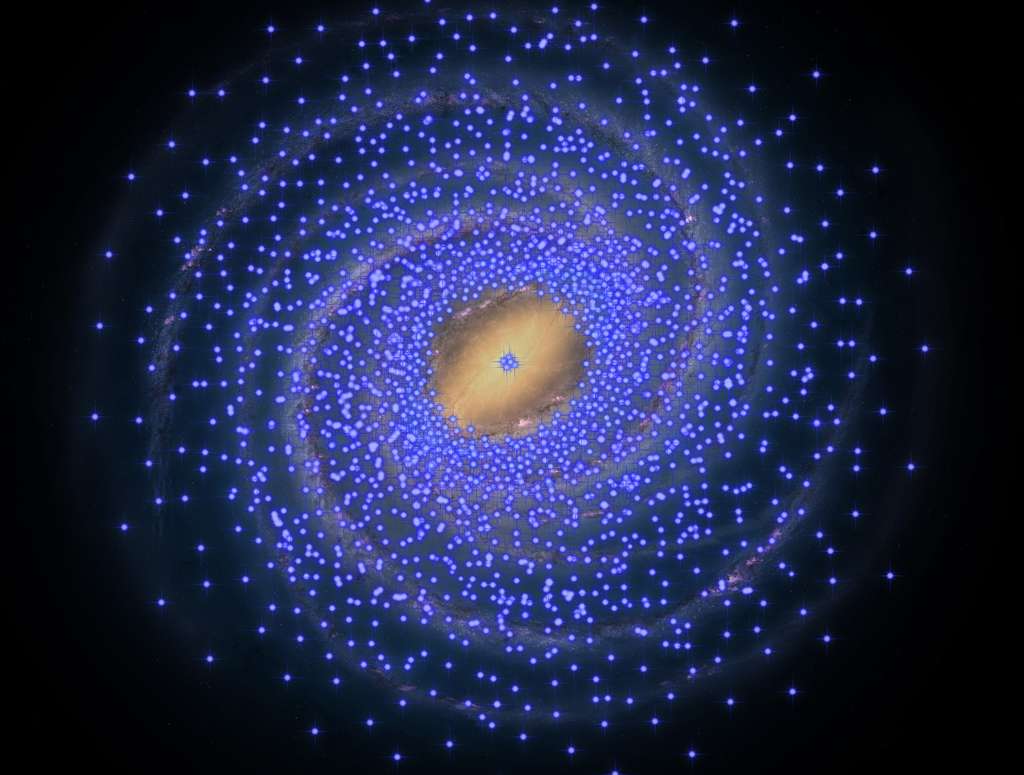 Une représentation d'artiste des céphéides dans la Galaxie. Celles indiquées sont des jeunes étoiles bleues. Il semble qu'une partie du disque galactique, en son centre, en soit dépourvue, ce qui pose des questions également sur la présence d'autres jeunes étoiles. © The University of Tokyo