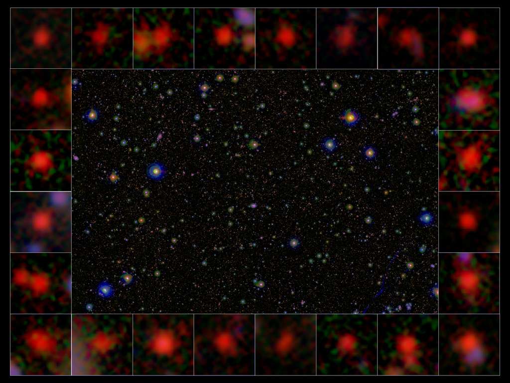 Des galaxies mourantes il y a environ 10 milliards d'années (objets rouges dans les panneaux agrandis) ont été sélectionnées à partir d'observations à plusieurs longueurs d'onde dans les données du Cosmic Evolution Survey (Cosmos). L'image centrale montre la région de la voûte céleste de Cosmos. Il s'agit d'un composite tricolore de l'image en bande I du télescope Subaru/Hyper Suprime-Cam et des images en bande J et K du télescope Vista. © NAOJ