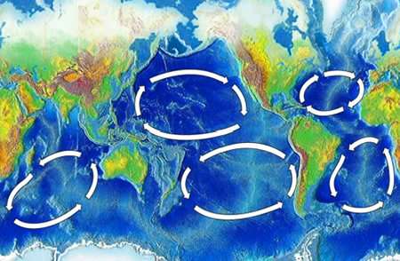 Les cinq principaux gyres dans le monde. Ce sont des tourbillons oc&eacute;aniques de grande &eacute;chelle qui r&eacute;sultent de l'&eacute;quilibre entre la force de pression et la force de Coriolis. Il s&rsquo;agit de zones de convergence. &copy; NOAA