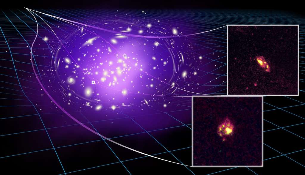 Une vue d'artiste d'un amas de galaxies à l'origine d'un effet de lentille gravitationnelle révélant au regard du télescope Gemini Nord la plus ancienne galaxie spirale connue à ce jour. © James Josephides