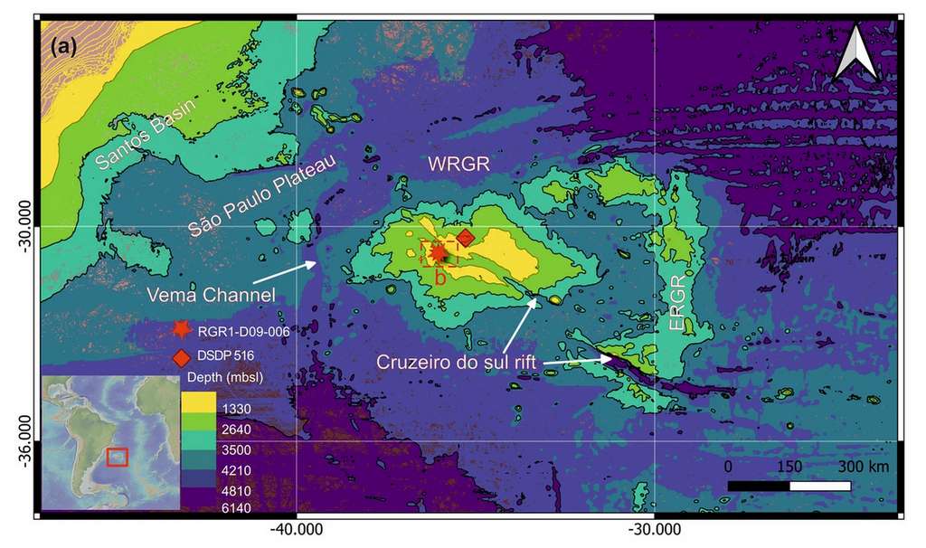 Localisation du Rio Grande Rise au large du Brésil (WRGR et ERGR). © Srivastava et al., 2023, Scientific Reports Localisation du Rio Grande Rise au large du Brésil (WRGR et ERGR). © Srivastava et al., 2023, Scientific Reports