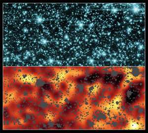 Image infrarouge à 3,6 microns de la constellation Draco La partie inférieure de l'image est le résultat du gommage des autres sources de lumière infrarouge (en grisé) Les lueurs persistantes pourraient provenir d'étoiles de Population III (Crédit : NASA/GSFC/JPL-Caltech)