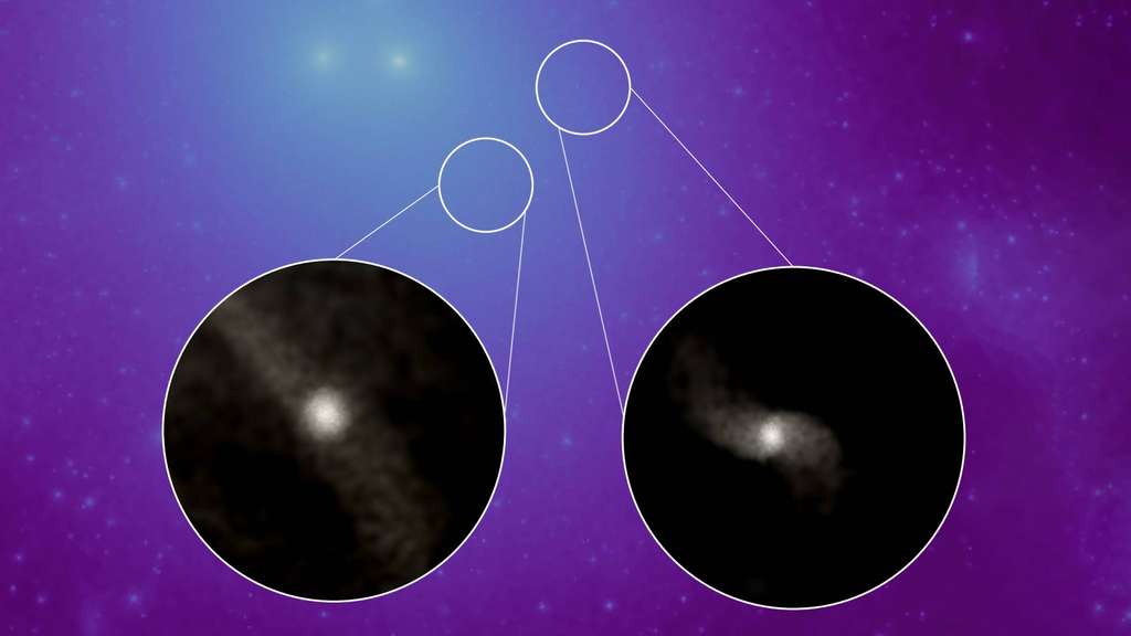 Cette image d'une nouvelle simulation informatique montre la distribution de la matière noire dans un groupe de galaxies simulées, avec des zones plus lumineuses montrant des concentrations plus élevées de matière noire. Les cercles montrent des images rapprochées de la lumière stellaire associée à deux galaxies dépourvues de matière noire. Si ces galaxies avaient de la matière noire, elles apparaîtraient comme des régions brillantes dans l'image principale. © Alex Gurvich, Northwestern University