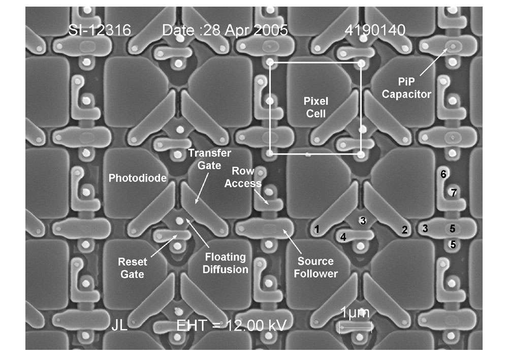 Vue au microscope électronique à balayage d'un capteur CMOS. © Semiconductor