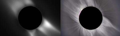 A gauche : Photographie "présumée" - en fonction des sorties du modèle - de l'éclipse A droite : Photographie prise en Egypte par Christian Viladrich La ressemblance est flagrante... (Crédits : Gauche : SAIC/NASA/NSF Droite : Christian Viladrich) A gauche : Photographie "présumée" - en fonction des sorties du modèle - de l'éclipse A droite : Photographie prise en Egypte par Christian Viladrich La ressemblance est flagrante... (Crédits : Gauche : SAIC/NASA/NSF Droite : Christian Viladrich)