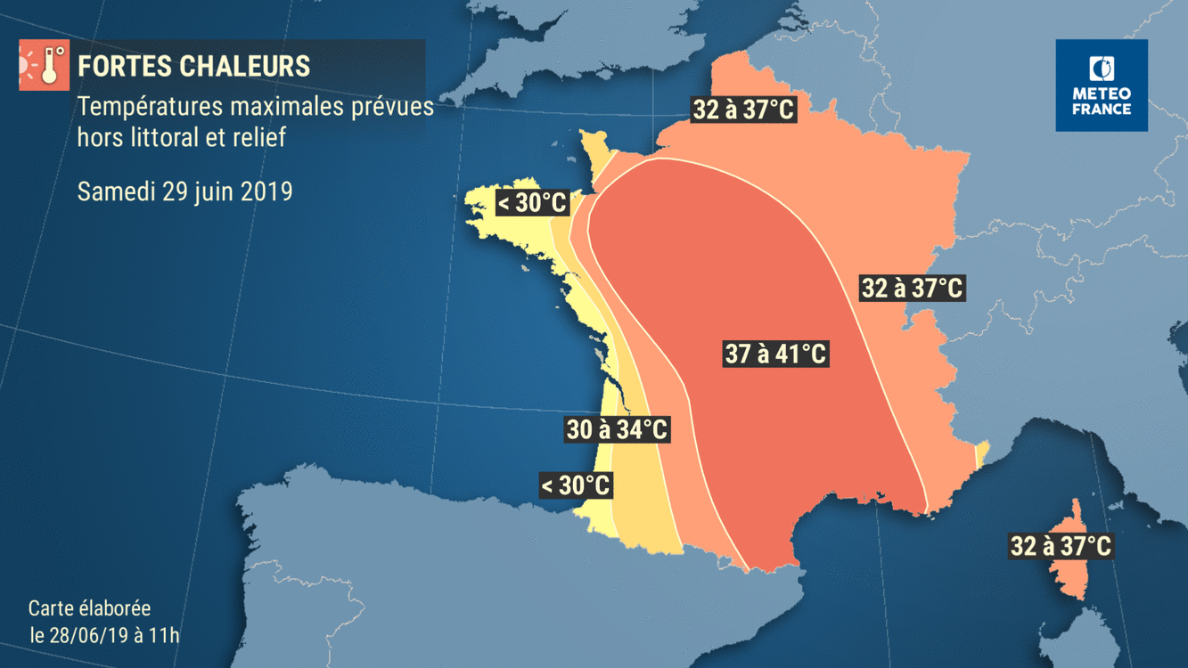 Très fortes chaleurs : évolution des températures maximales prévues en France entre le samedi 29 juin et le lundi 1er juillet 2019. © Météo-France, tous droits réservés