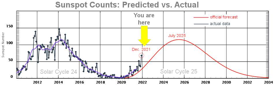 Sur ce graphique qui compare les prévisions aux observations, il est clair que l’activité dU Soleil est bien au-dessus de ce qui avait été imaginé. Et que l’écart semble même vouloir se creuser. © NOAA