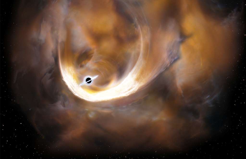 Cette vue d'artiste illustre l'hypothèse de l'existence d'un trou noir intermédiaire dans un nuage moléculaire proche du centre de la Voie lactée. Il s'agit d'un clin d'œil au film Interstellar car on voit clairement, en bas à gauche, une représentation de ce trou noir ressemblant à celle utilisée dans le film. Cette représentation est cependant partiellement inexacte. © Tomoharu Oka, Keio University