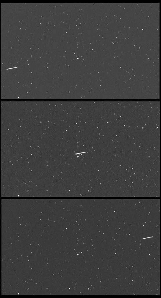 Ces trois images montrent le déplacement de l'astéroïde 2012 DA 14 devant le fond du ciel étoilé. © E. Guido, N. Howes, Remanzacco Observatory