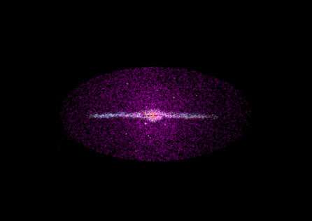 Illustration d'une galaxie entourée de son halo de WIMPs (inspirée de http://zebu.uoregon.edu/~soper/Mass/WIMPS.html)