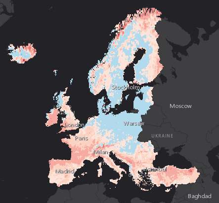 L’évolution du risque « feux de forêt » dans un scénario de faibles émissions de gaz à effet de serre. En bleu, les régions dans lesquelles le risque restera le même ou diminuera. En rouge, celles où il augmentera, de 1 à 10 % pour les rouges les plus pâles, de 11 à 30 % pour les teintes plus marquées et au-delà de 31 % pour les zones en rouge vif. Le tout à la fin du XXIe siècle, comparé à la période comprise entre 1980 et 2010. © Agence européenne pour l’environnement
