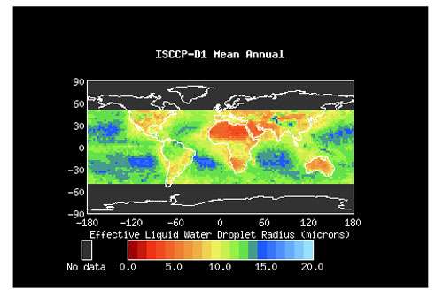 Figure 6 : Effet indirect: influence des aérosols sur la dimension des gouttes des nuages. Dans les régions pauvres en aérosols (les océans, particulièrement dans l'hémisphère sud), les gouttes des nuages sont plus grosses. D'après ISCCP (voir note 7)