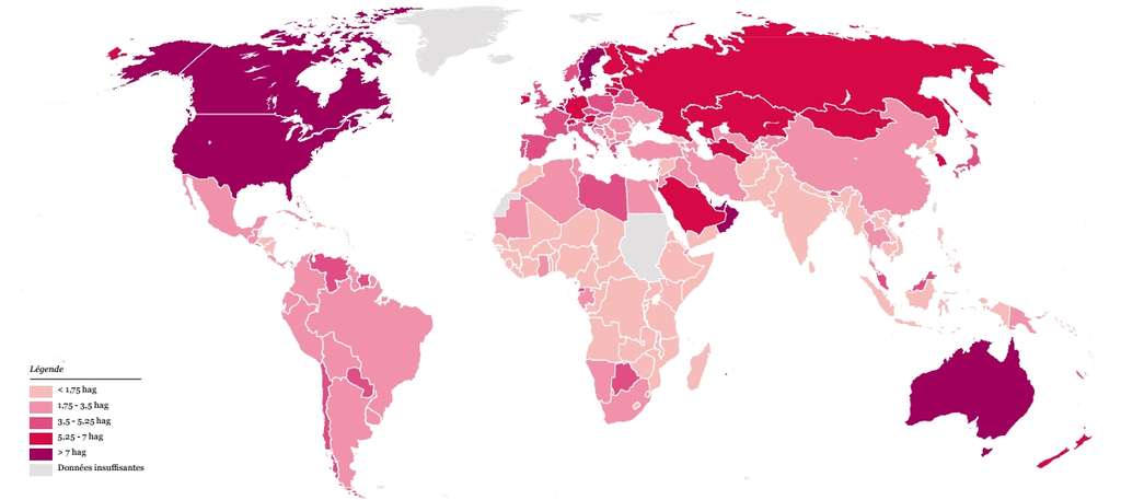 Cette carte indique l'empreinte écologique moyenne par habitant dans chaque pays pour l'année 2012. Les valeurs sont exprimées en hectares globaux (hag) nécessaires pour subvenir aux besoins d'une personne. En France, l'empreinte par habitant est de 5,1 hag et la valeur moyenne est de 2,8 de hag par personne pour tous les habitants de la planète. Des données qui expliquent pourquoi il faudrait 1,6 fois la Terre pour absorber toute une année d'empreinte écologique. © WWF