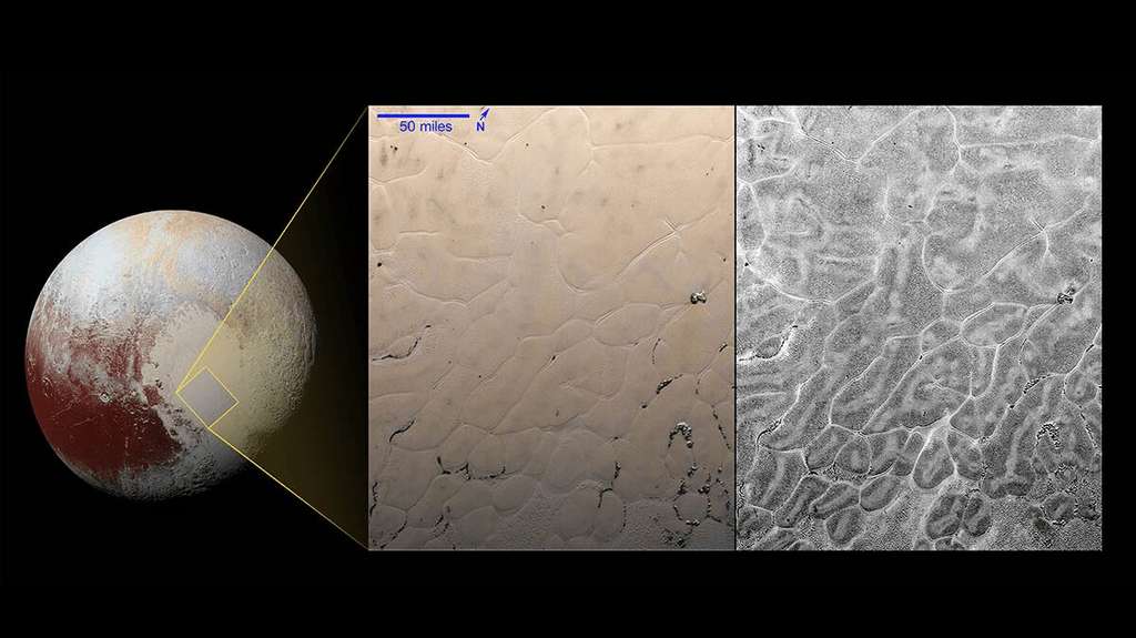 Les scientifiques ont étudié les diverses caractéristiques géologiques dans Sputnik Planitia. © Nasa, JHUAPL, SwRI