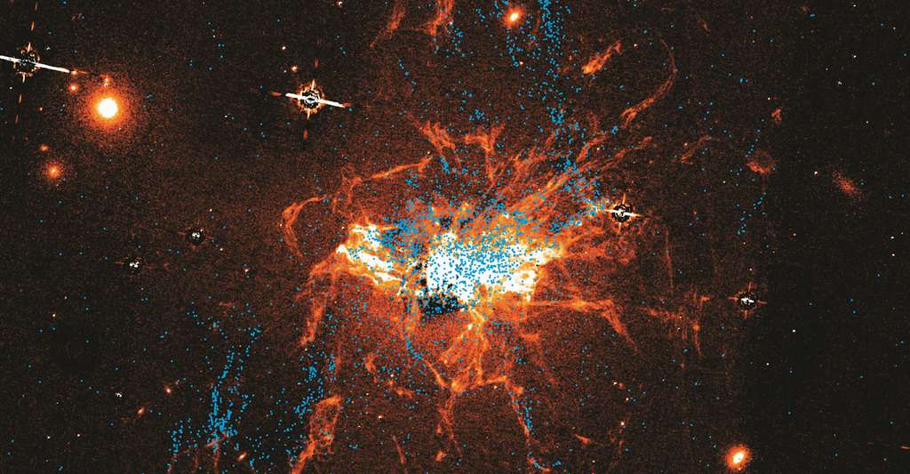 Cette image prise par le télescope spatial Hubble montre, en bleu, dévoile des amas globulaires jeunes — moins d’un milliard d’années — et en rouge, orange et blanc, le réseau filamenteux de gaz froid qui s’étend jusqu’aux confins de la galaxie géante située au centre de l’amas de Persée. © Université de Hong Kong