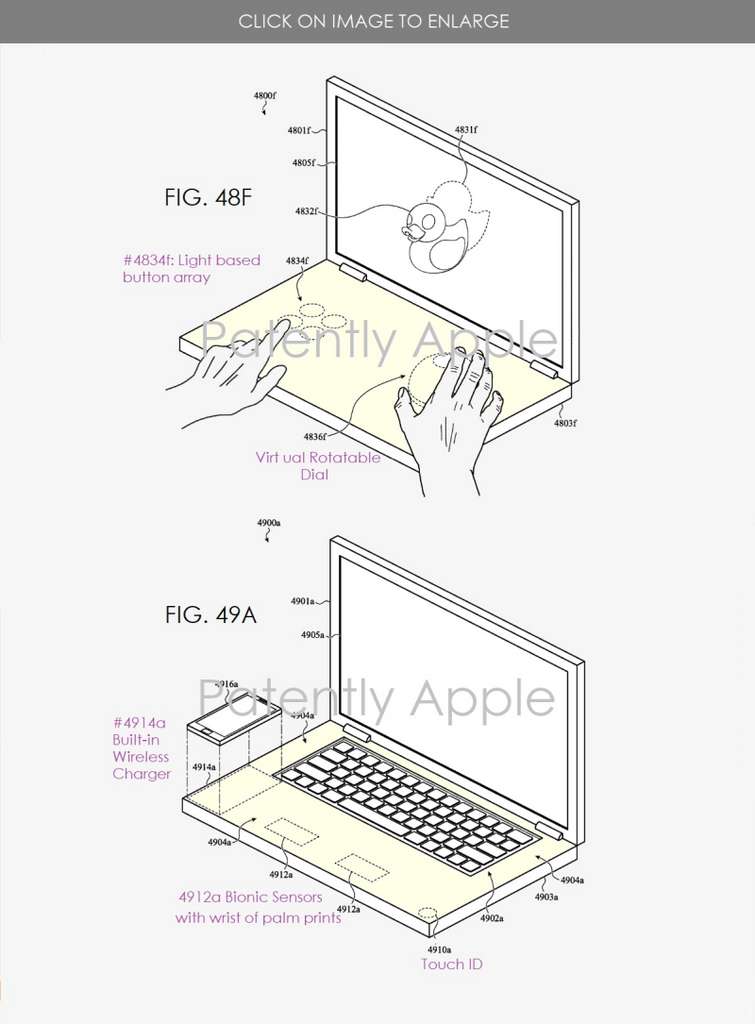 La surface tactile peut à la fois recharger un iPhone, dévoiler un clavier virtuel, mais aussi un Touchpad. © Patenty Apple La surface tactile peut à la fois recharger un iPhone, dévoiler un clavier virtuel, mais aussi un Touchpad. © Patenty Apple