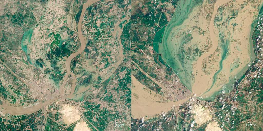 Près de Sukkur, dans le Sind, un imposant barrage datant de l'époque coloniale situé sur le fleuve Indus est surveillé de près par les autorités. S'il venait à céder, l'inondation qui s'ensuivrait en aval serait catastrophique. L'image de gauche a été acquise le 2 août et celle de droite le 28 août. © Planet Labs PBC