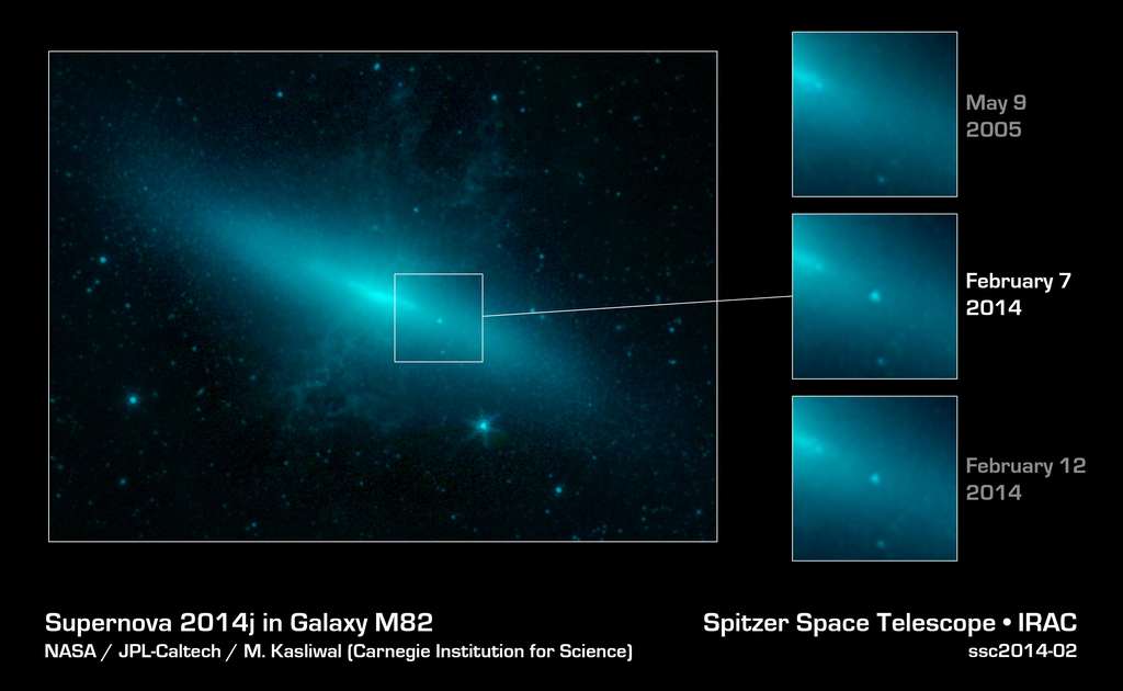 La vue perçante dans l’infrarouge du télescope spatial Spitzer dévoile la supernova et son environnement aux chercheurs qui les ont observés à deux reprises. La luminosité de SN 2014J décroît sur l’image du 12 février après un pic qui s’est produit au cours de la première semaine du mois. © Nasa, JPL-Caltech, Carnegie Institution for Science