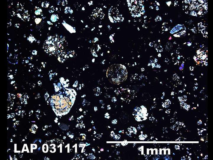 Une coupe, observée au microscope, de la météorite LaPaz Icefield 031117. Elle contient des grains présolaires, dont certains se sont formés lors de l'explosion d'une étoile. © Nasa