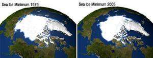 Minimums annuels d'extension de la calotte glaciaire à 25 ans de distance, en 1979 et en 2005. Crédit : Nasa. Minimums annuels d'extension de la calotte glaciaire à 25 ans de distance, en 1979 et en 2005. Crédit : Nasa.