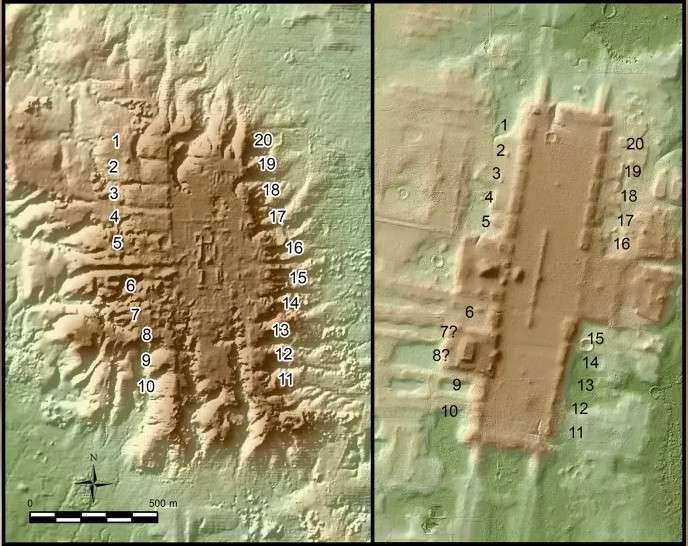 La technologie Lidar a permis de détecter le site de San Lorenzo (à gauche) et celui d'Aguada Fénix (à droite). Les deux sites présentent une place centrale en bordure de laquelle sont construites vingt plateformes rectangulaires. © Takeshi Inomata