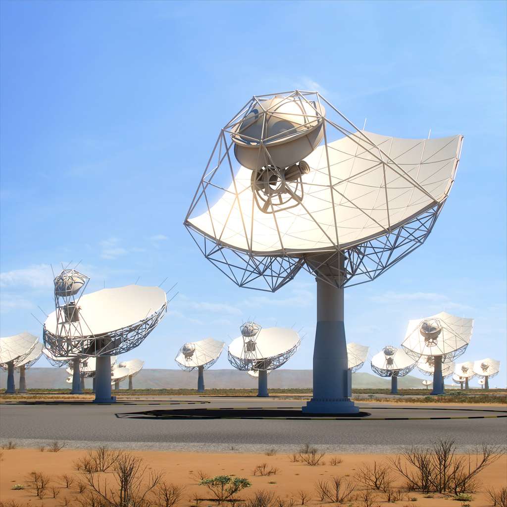 Un des deux champs d'antennes du SKA. À l'image, une partie des 200 paraboles de 15 mètres qui seront installées dans le désert du Karoo en Afrique du Sud. L'autre champ se situera en Australie. © SKA Un des deux champs d'antennes du SKA. À l'image, une partie des 200 paraboles de 15 mètres qui seront installées dans le désert du Karoo en Afrique du Sud. L'autre champ se situera en Australie. © SKA