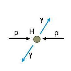 À gauche : deux protons donnent lieu à la création d'un boson de Higgs, H, lequel se désintègre en deux photons gamma. C'est une des signatures que les physiciens cherchent pour découvrir le Higgs. À droite : Deux protons donnent lieu à la création d'un boson de Higgs, H, lequel se désintègre en deux bosons Z0 neutres qui a leur tour donneront des paires de muon/antimuon. C'est une des signatures que les physiciens cherchent pour découvrir le Higgs. © Cern