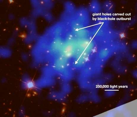 Des cavités géantes dans le milieu intergalactique dans l'amas de galaxies SPT-0528 émettant des rayons X (montrés en bleu, comme observés par l'Observatoire de rayons X Chandra de la Nasa) ont été creusées par une explosion de trous noirs. Les données des rayons X sont superposées aux observations dans le visible du télescope spatial Hubble (en rouge-orange), où la galaxie centrale qui héberge probablement le trou noir supermassif coupable est également visible. La barre en bas à droite donne l'échelle en années-lumière (light years, en anglais). © Michael Calzadilla