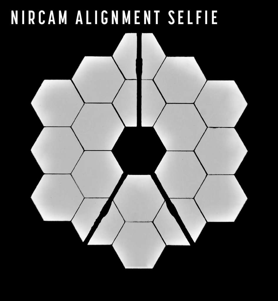 Cette image montre les 18 segments du miroir principal du télescope spatial James-Webb, parfaitement alignés. On y reconnaît les trois structures qui participent à la création de « pics de diffraction », mais surtout, ses segments de miroir hexagonaux. © Nasa, STScI