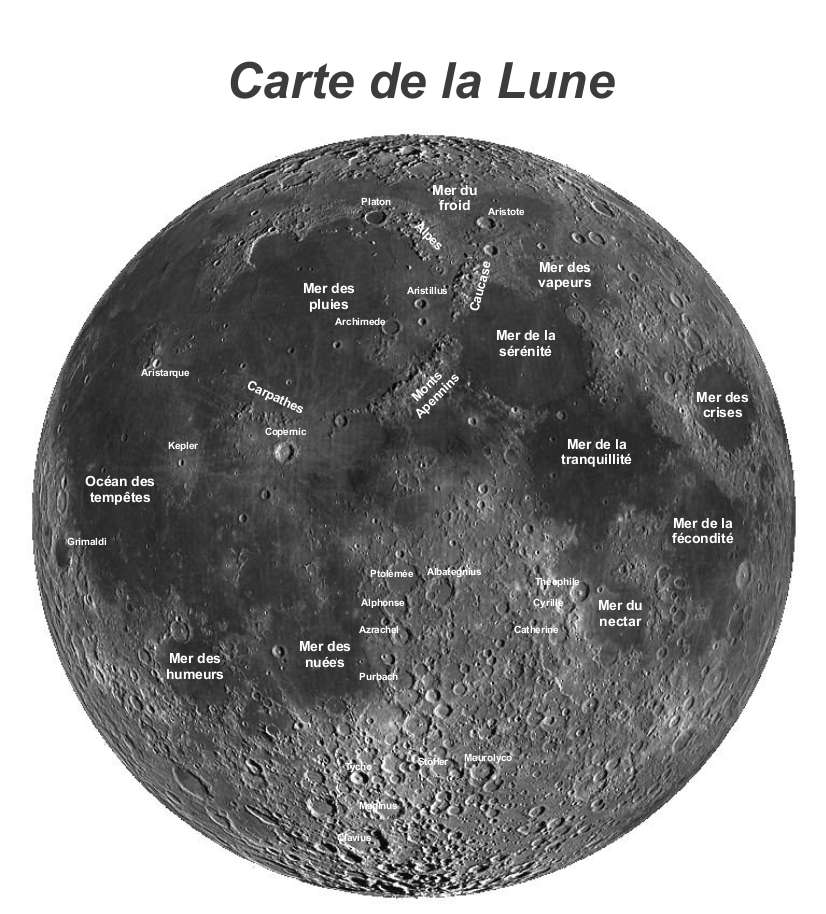 Carte de la Lune avec la localisation de la Mer des Pluies, résultat d’un gigantesque impact météoritique. © Nasa, Wikimedia Commons, domaine public