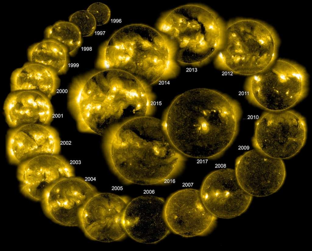 Sur ces images, le Soleil tel qui s’est présenté à l’imageur ultraviolet de Soho chaque printemps entre 1996 et 2017. Des images qui révèlent la couronne de notre étoile, son atmosphère qui peut atteindre deux millions de degrés Celsius et s’étendre sur des millions de kilomètres. © Soho, ESA, Nasa