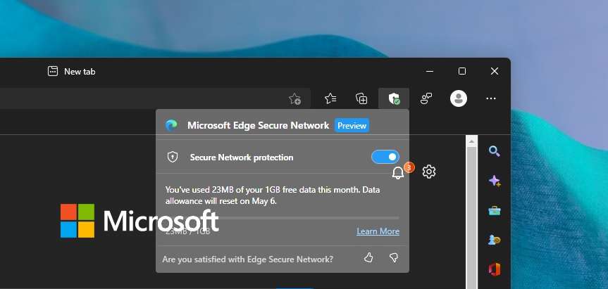 Certains navigateurs, comme Edge, proposent un VPN, mais celui-ci est très limité en fonctionnalités et en données. © Microsoft