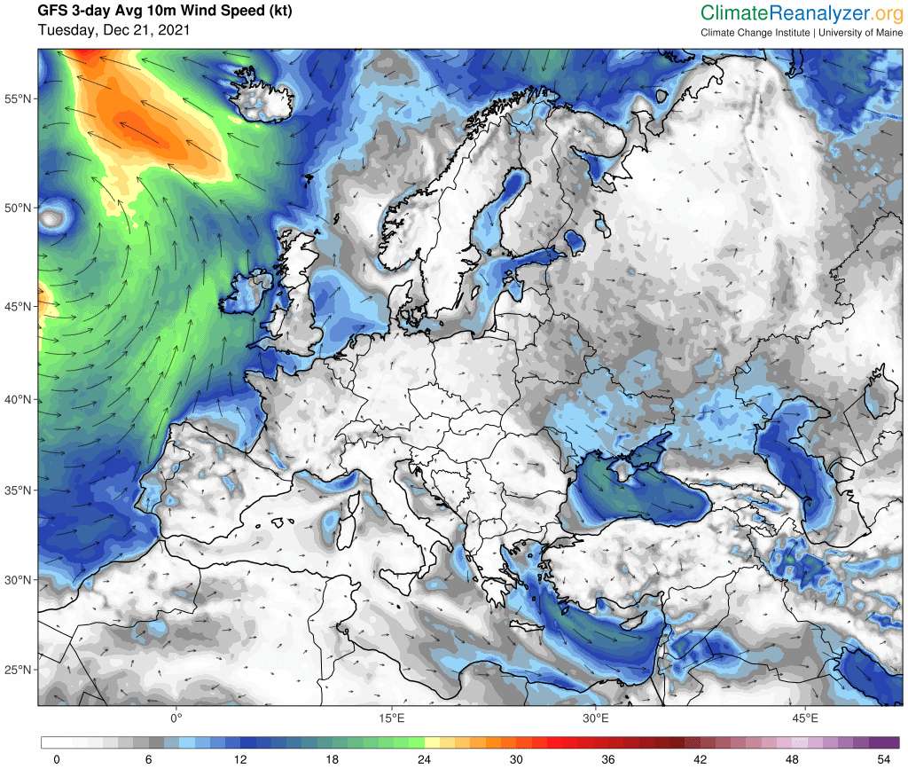 Une dépression sur l'Atlantique entraîne un flux de sud-ouest sur la France, faisant remonter la douceur. © Climate Reanalyzer
