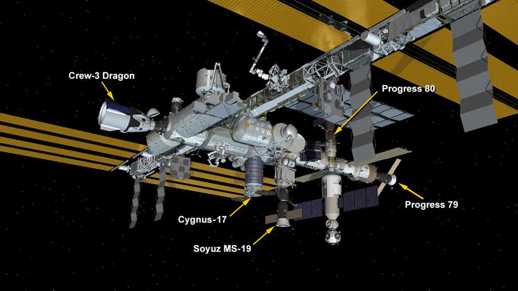 La configuration de la Station spatiale internationale actuellement (février 2022). Cinq vaisseaux spatiaux sont aujourd'hui amarrés au complexe orbital. On compte un Crew Dragon de SpaceX, un cargo Cygnus, un véhicule russe Soyouz et deux cargos Progress. © Nasa