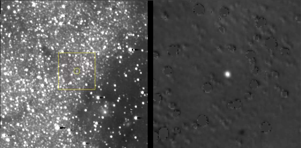 Ultima Thulé vu le 2 décembre 2018 par la sonde New Horizons à une distance de 38,7 millions de kilomètres. L'image de droite correspond au grossissement du carré jaune. Les étoiles en arrière-plan ont été supprimées. Cet objet de la ceinture de Kuiper, aussi désigné 2014 MU69, deviendra le plus lointain objet jamais visité par une sonde. © Nasa/JHUAPL/SwRI