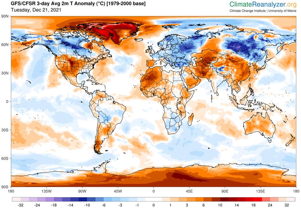 En orange, les zones géographiques concernées par des températures largement supérieures aux moyennes de saison entre le 24 et 25 décembre. © Climate Reanalyzer