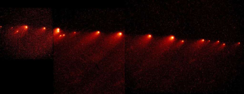 En 1993, les astronomes découvrirent une succession de morceaux de comète. Ils provenaient de la dislocation, un an plus tôt, de la comète Shoemaker-Levy 9 lors de son passage le plus rapproché de Jupiter. En juillet 1994 ces fragments plongèrent dans l'atmosphère de la planète gazeuse géante. © H. Weaver (JHU), T. Smith, Nasa