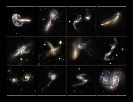 Cliquez pour agrandir. Les 12 photos de galaxies en collisions les plus spectaculaires. Crédit : Nasa-Esa.