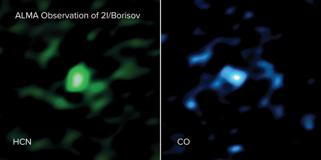 Alma a observé du gaz de cyanure d'hydrogène (HCN, à gauche) et du monoxyde de carbone (CO, à droite) sortant de la comète interstellaire 2I / Borisov. Les images Alma montrent que la comète contient une quantité inhabituellement élevée de gaz CO. Alma est le premier télescope à mesurer les gaz provenant directement du noyau d'un objet qui nous est parvenu d'un autre système planétaire.© Alma (ESO/NAOJ/NRAO), M. Cordiner & S. Milam ; NRAO/AUI/NSF, S. Dagnello