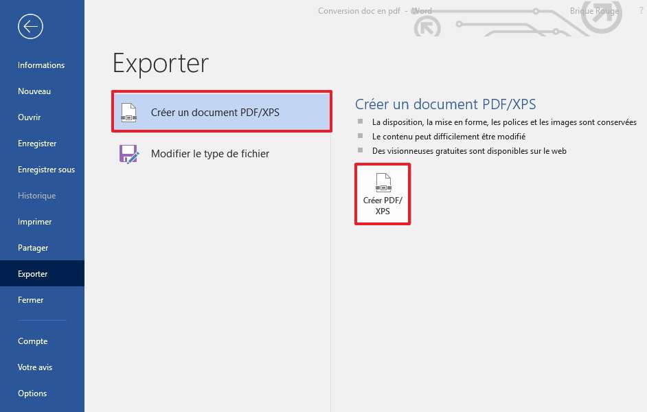 Choisissez « Créer PDF/XPS ». © Microsoft