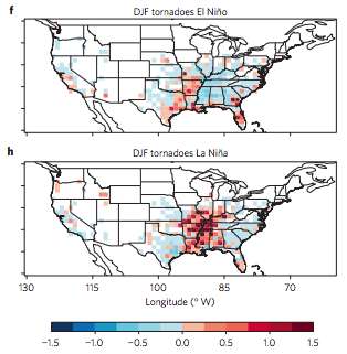 Répartition et nombre des tornades lors des années La Niña et El Niño. © Nature Geoscience 
