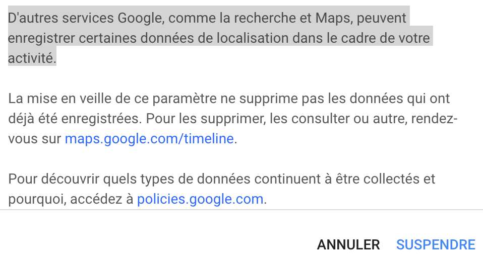 Noir sur blanc, Google confirme que ses services, comme la recherche et Maps, peuvent enregistrer certaines données de localisation en fond de tâche. © Capture S. Biget