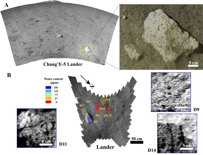 La mission chinoise Chang’e 5 a analysé le régolithe et une roche de son site d’atterrissage. Elle y a trouvé des traces d’eau. © Lin Honglei, Académie chinoise des Sciences