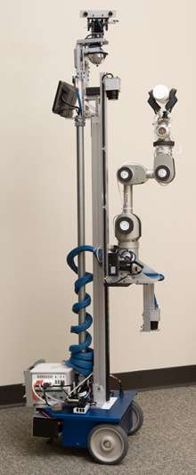 Le bras articulé de El-E peut coulisser verticalement et sa main est dotée d'une caméra. © Charlie Kemp/Healthcare Robotics Center/Georgia Tech Le bras articulé de El-E peut coulisser verticalement et sa main est dotée d'une caméra. © Charlie Kemp/Healthcare Robotics Center/Georgia Tech