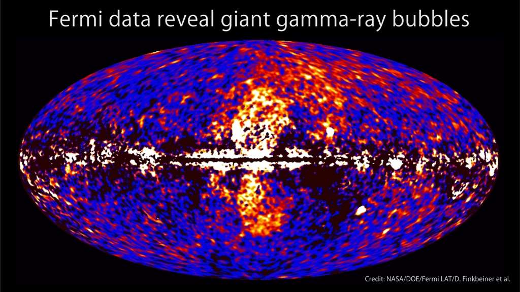 Convenablement retravaillée pour faire ressortir des signaux précis, l'image précédente révèle deux lobes au-dessus du bulbe galactique de la Voie lactée. © Nasa/DOE/Fermi LAT/D. Finkbeiner et al.