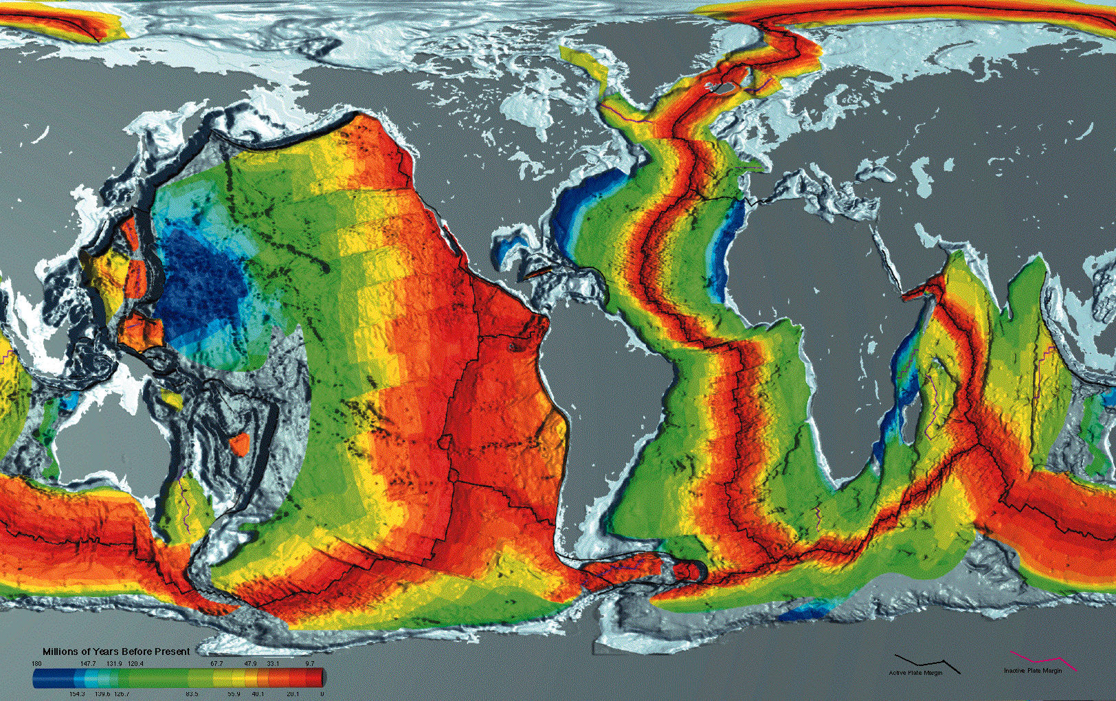 Âge de la croûte océanique en millions d'années avant le présent. Les zones bleues foncées sont les endroits où la croûte océanique est vieille de 100 millions d'années. En rouge, les plus jeunes. La croûte océanique au niveau de la plaque de Juan de Fuca est jeune, elle a 3,5 millions d'années. © NOAA, DP