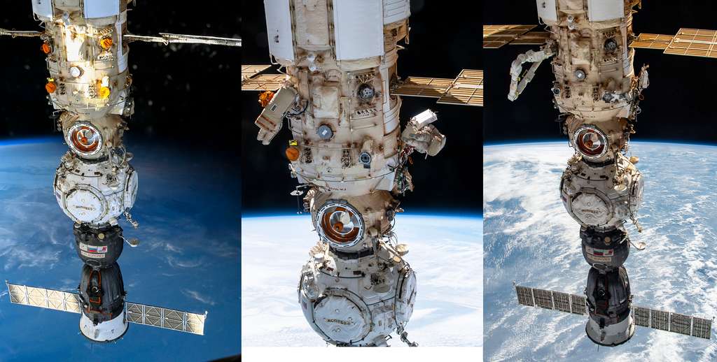 Ces trois images résument le « premier pas » d'ERA autour du segment russe de l'ISS. L'image de gauche montre une partie du module Nauka, Prichal et ses ports d'amarrage et le véhicule Soyouz MS-21. L'image du milieu montre les deux cosmonautes russes qui déballent le bras (à droite) et préparent un des points d'accroche (à gauche). Sur l'image de droite, on peut voir le bras partiellement déployé. © Nasa