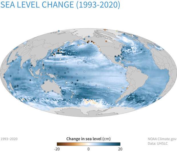 En bleu foncé, les zones géographiques où les mers se sont le plus élevées. © NOAA 