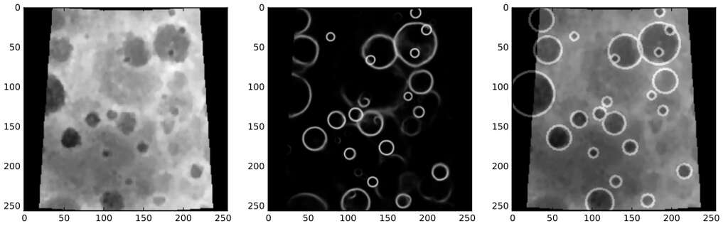 À gauche, une image de la surface de Mercure. L’IA repère l’emplacement des cratères sous forme d’anneaux (image du milieu). Les deux images sont superposées, à droite. © Ari Silburt et al., 2018, arXiv